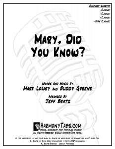 cover page for Mary, Did You Know? (Clarinet Quartet) - Jeff Bratz sheet music